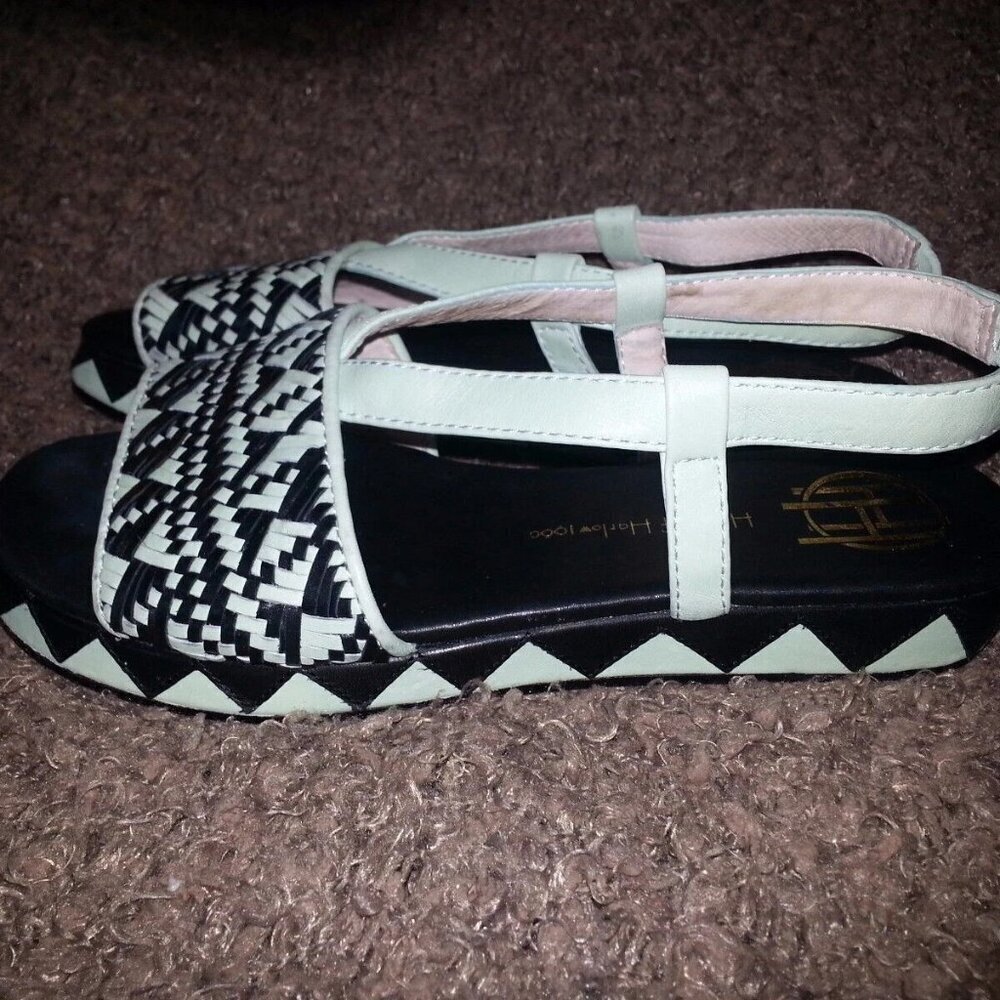 HOUSE OF HARLOW 1960-Braided Pattern Leather Wedge-Pale Green/Black-Sz 36-EUC - Picture 2 of 7